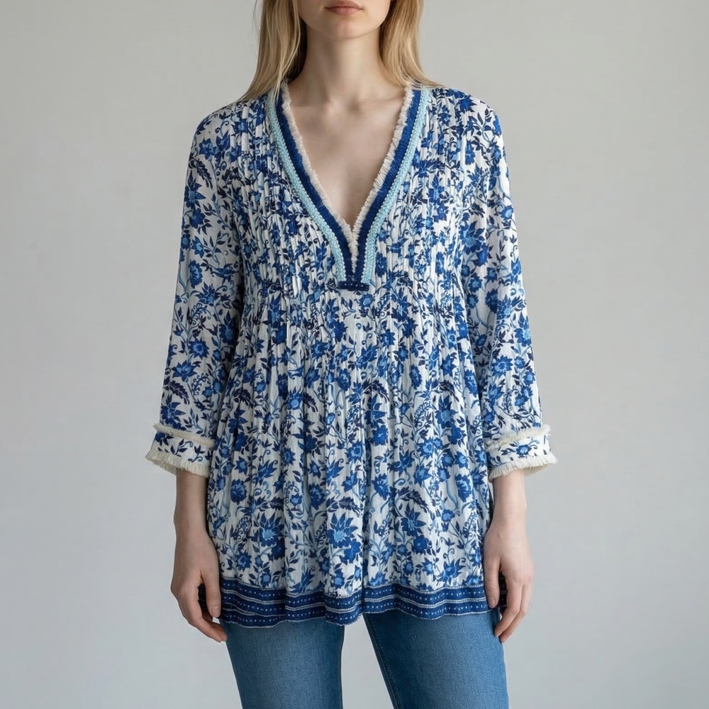 Poupette St Barth Dress Small Blue Floral Fringe Long Sleeve Resort Mini Boho